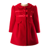 Bow Trim Peter Pan Collar Long Puff Sleeve Flap Pocket Coat