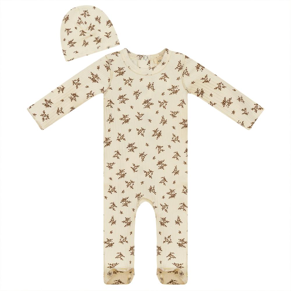 Flower Print Ribbed Snap Back Romper and Hat Two Piece Set