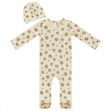 Flower Print Ribbed Snap Back Romper and Hat Two Piece Set