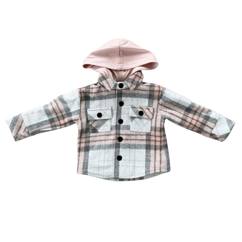 Girls Hooded Shacket in Pink Fawn Plaid