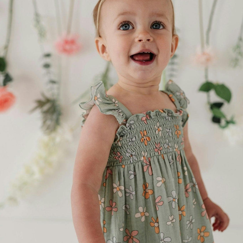 Girls Flutter Dress Set in Sketched Daisy