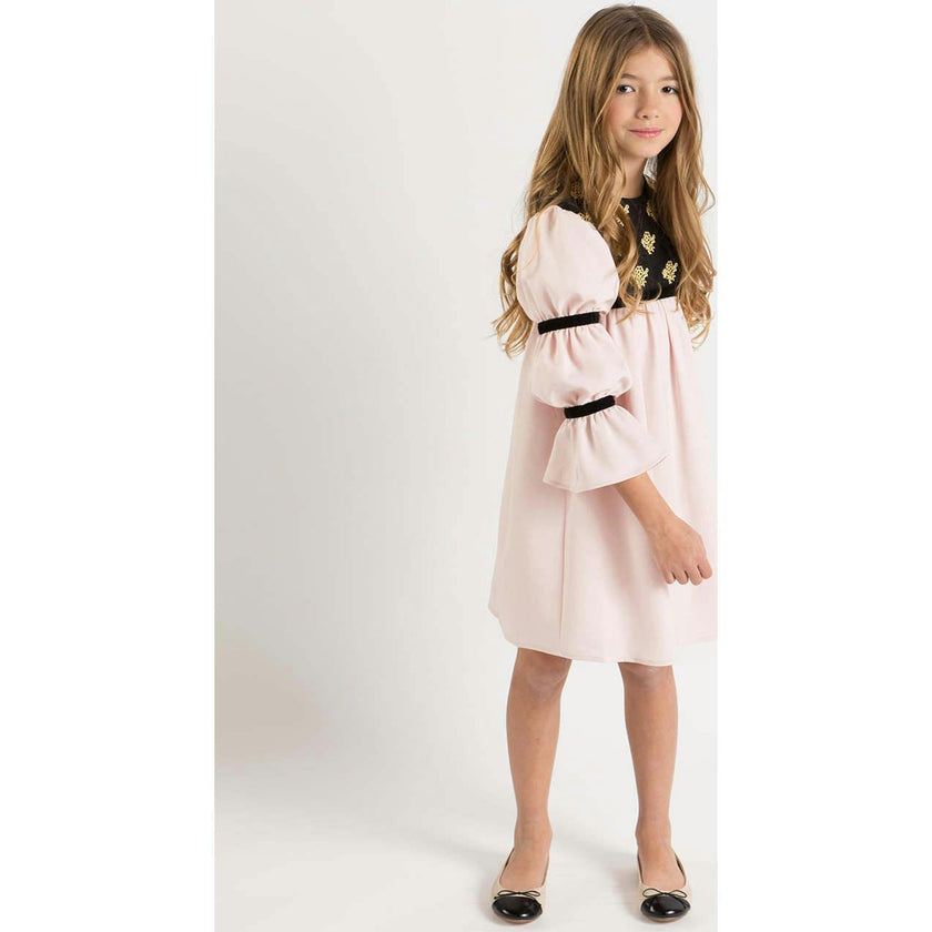 Bella dress (pink with golden embroidery blooms)