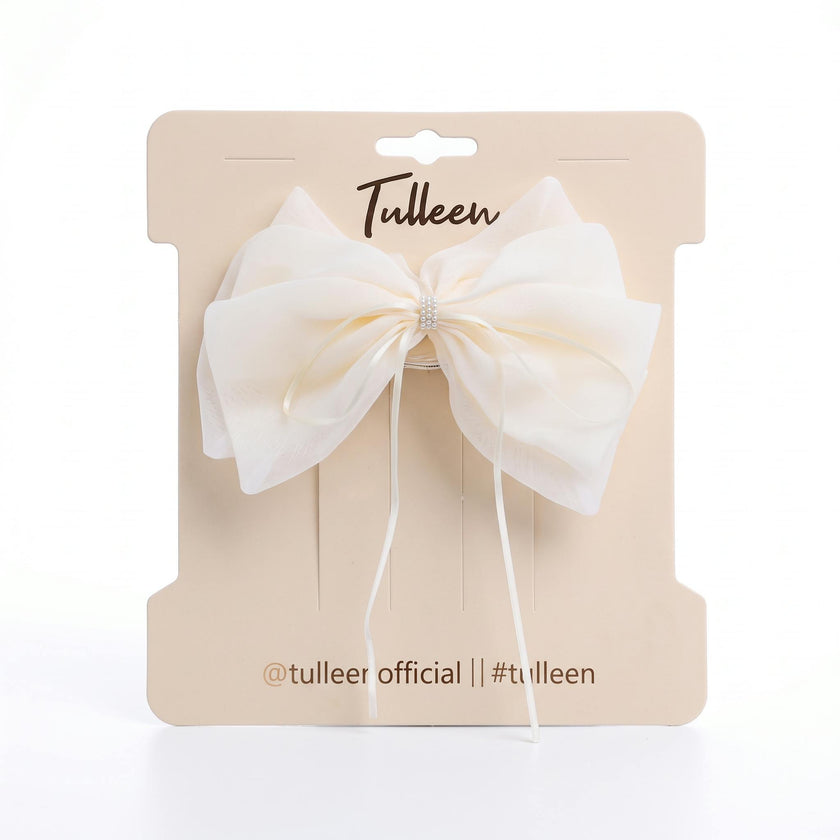 Ivory Chiffon Bow Claw Clip with Rhinestone Center