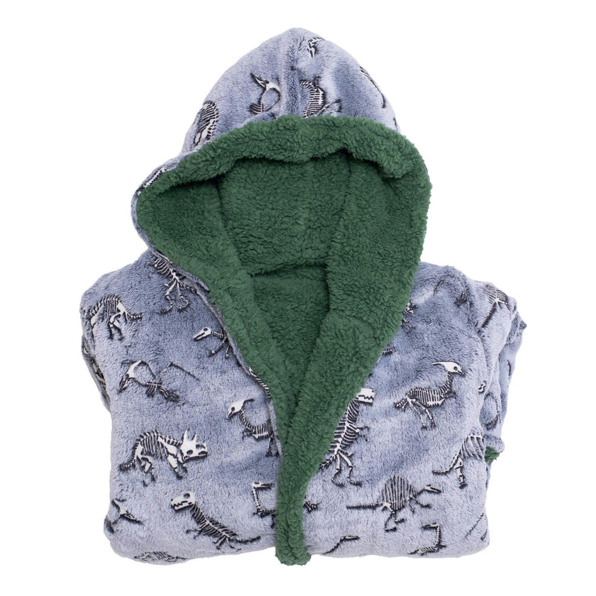 Cozy Switch Robe – Reversible Glow-in-the-Dark & Sherpa Robe for Kids, Green Dino Bones
