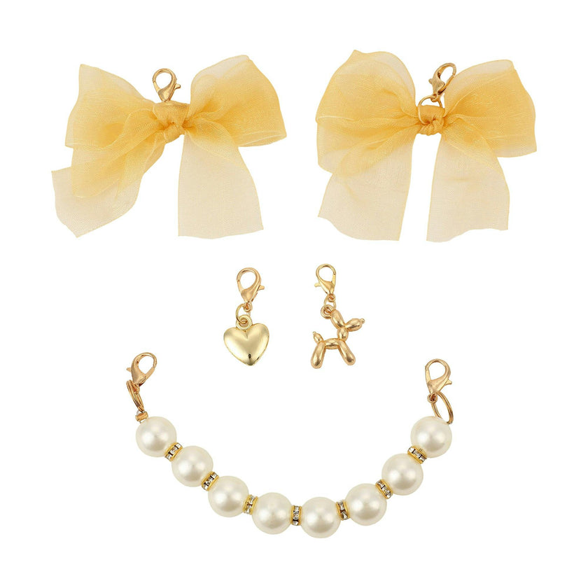 Packed Party Lace Bows and Gold Charms Shoe Charm Set 5pc - Lace Bow, Gold Star, Heart Charm, and Beaded Flower with Lobster Clips for Sneakers, 2.75x3.3 Inch