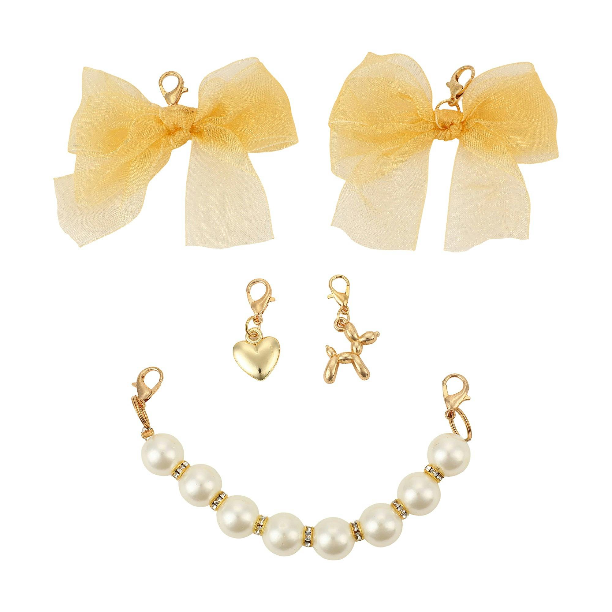 Packed Party Lace Bows and Gold Charms Shoe Charm Set 5pc - Lace Bow, Gold Star, Heart Charm, and Beaded Flower with Lobster Clips for Sneakers, 2.75x3.3 Inch