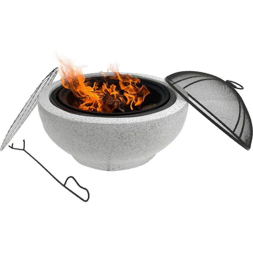 Outdoor 24" Wood Burning Fire Pit with Grill Grate and Faux Concrete Base Gray
