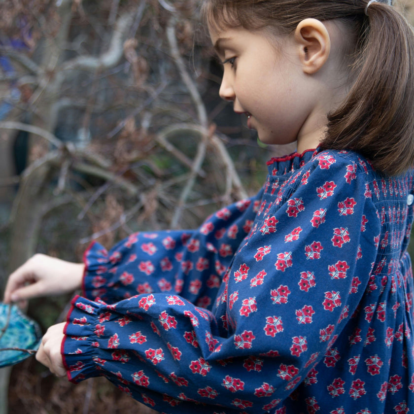 Girls All-Over Print Smocked Long Sleeve Dress