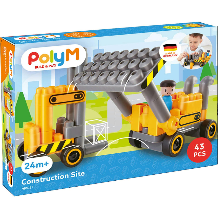 Hape: PolyM: Construction Site&nbsp;- Yellow-Grey - 43pc Building Blocks Toy Set