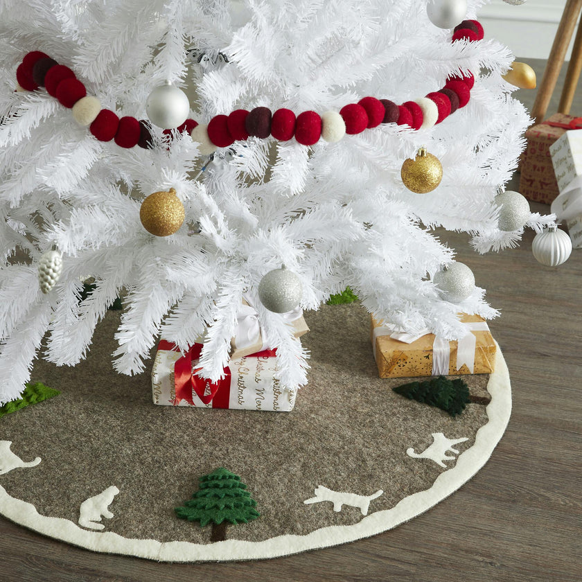 Handmade Felted Cats and Green Trees Grey Christmas Tree Skirt 36",