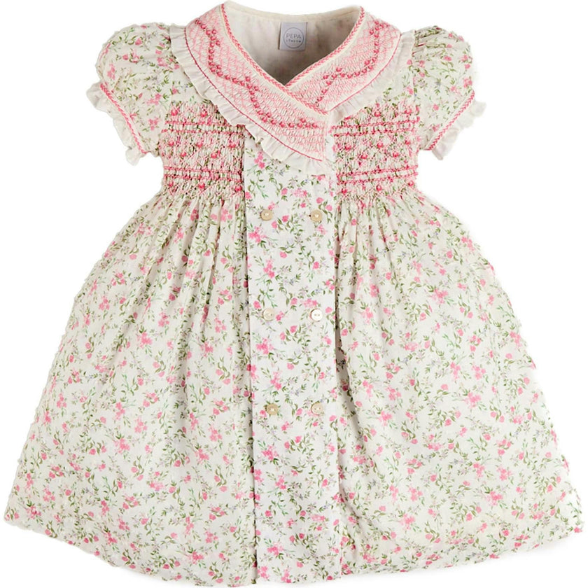 Alice Floral Double Breasted Hand Smocked Dress in Pink (12mths- 10yrs)