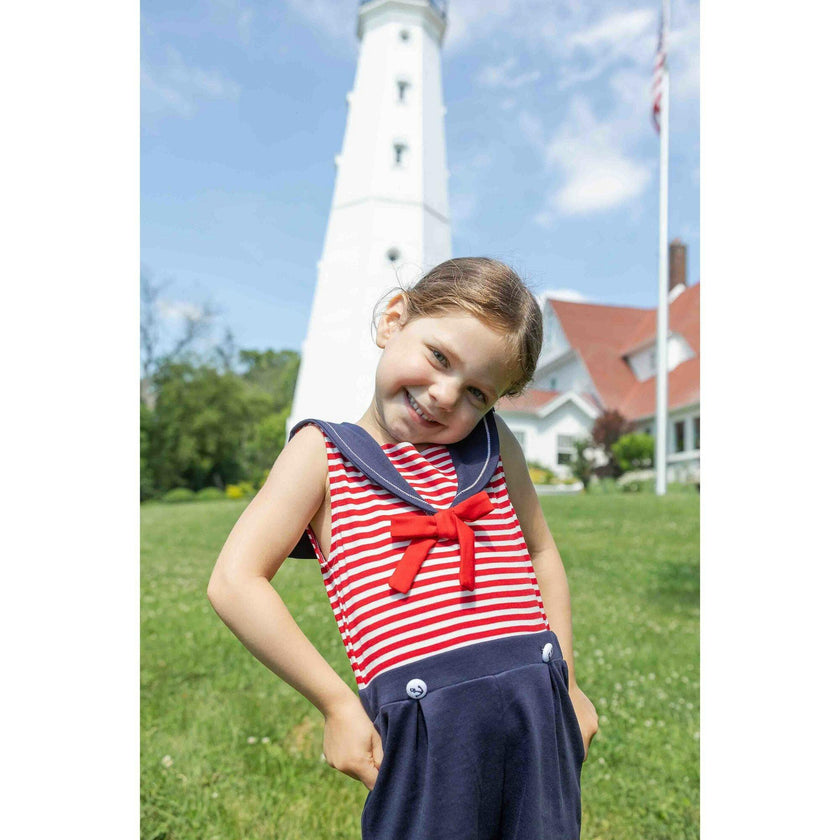 Stripe Knit Shorts Romper With Sailor Collar