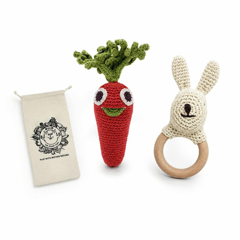 Rabbit & Carrot Gift Box 🥕👀🐰 100% organic cotton crochet rattle and teether