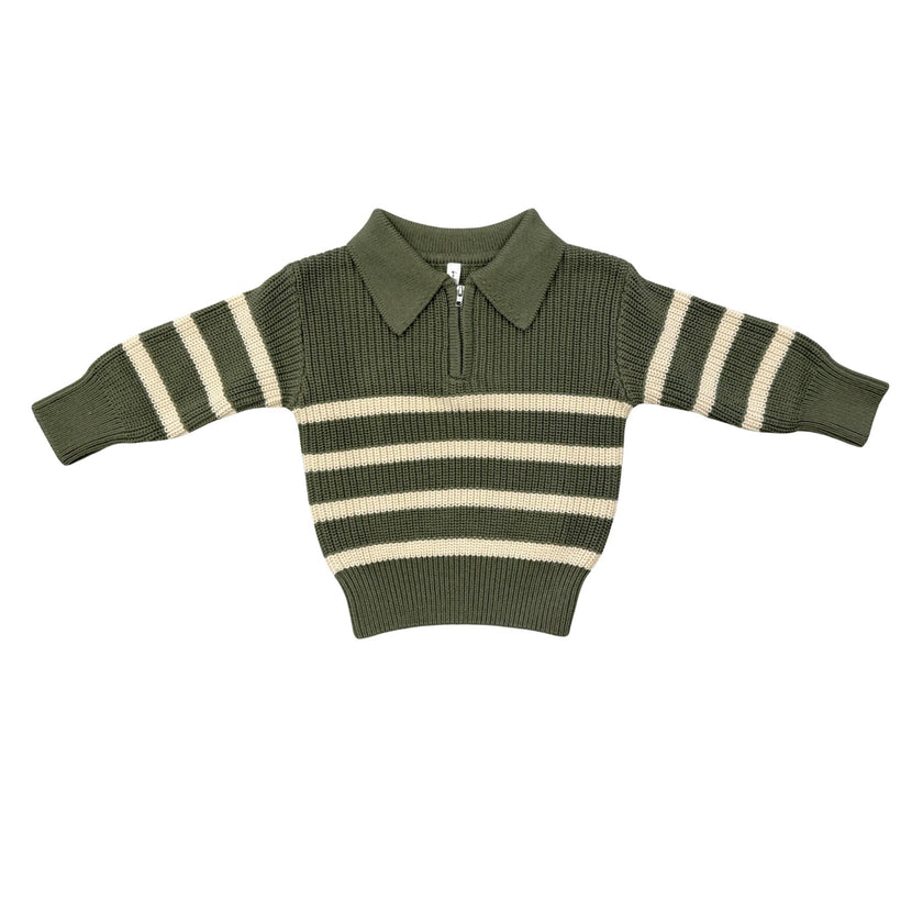 Boys Striped Zip Up Sweater in Woodland Moss Stripe