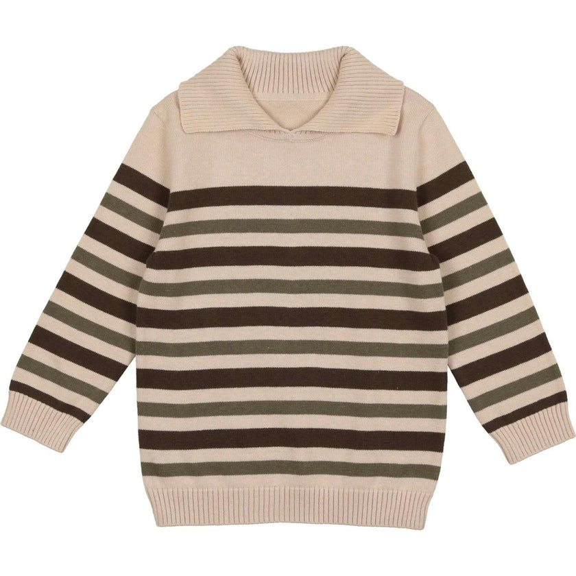 Striped Ribbed Collar Rounded V-Neck Relaxed Fit Sweater