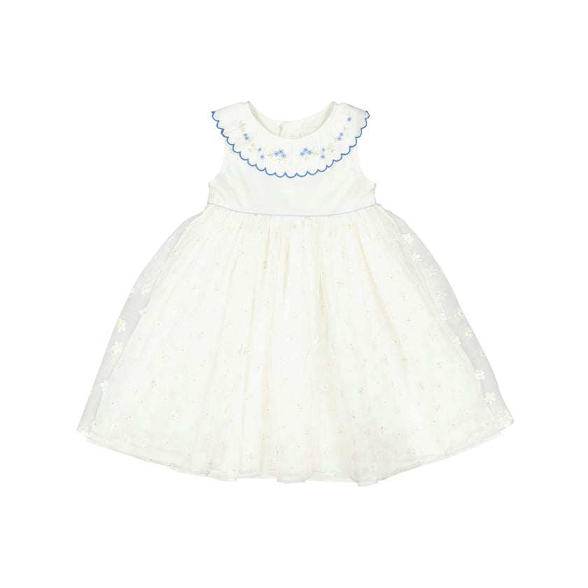 Cordelia White Linen Dress with Blue Tulle Embroidery