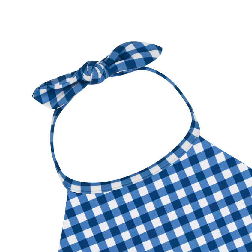 girls navy picnic gingham ruffle halter one piece