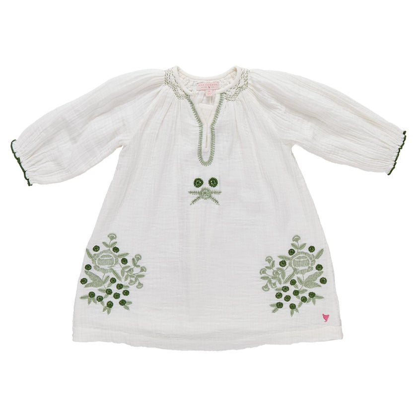 Girls Ava Dress - Green Embroidery