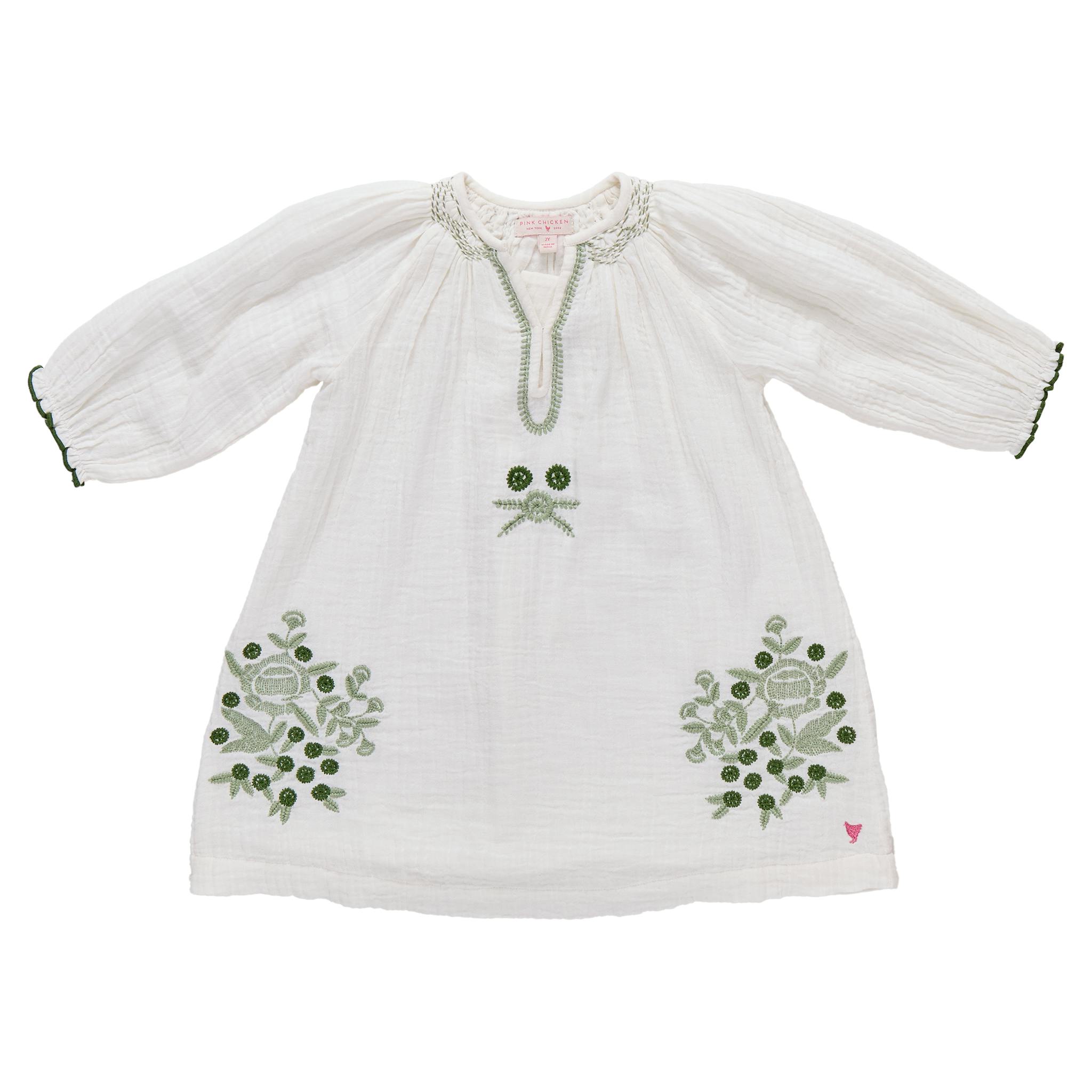 Girls Ava Dress - Green Embroidery