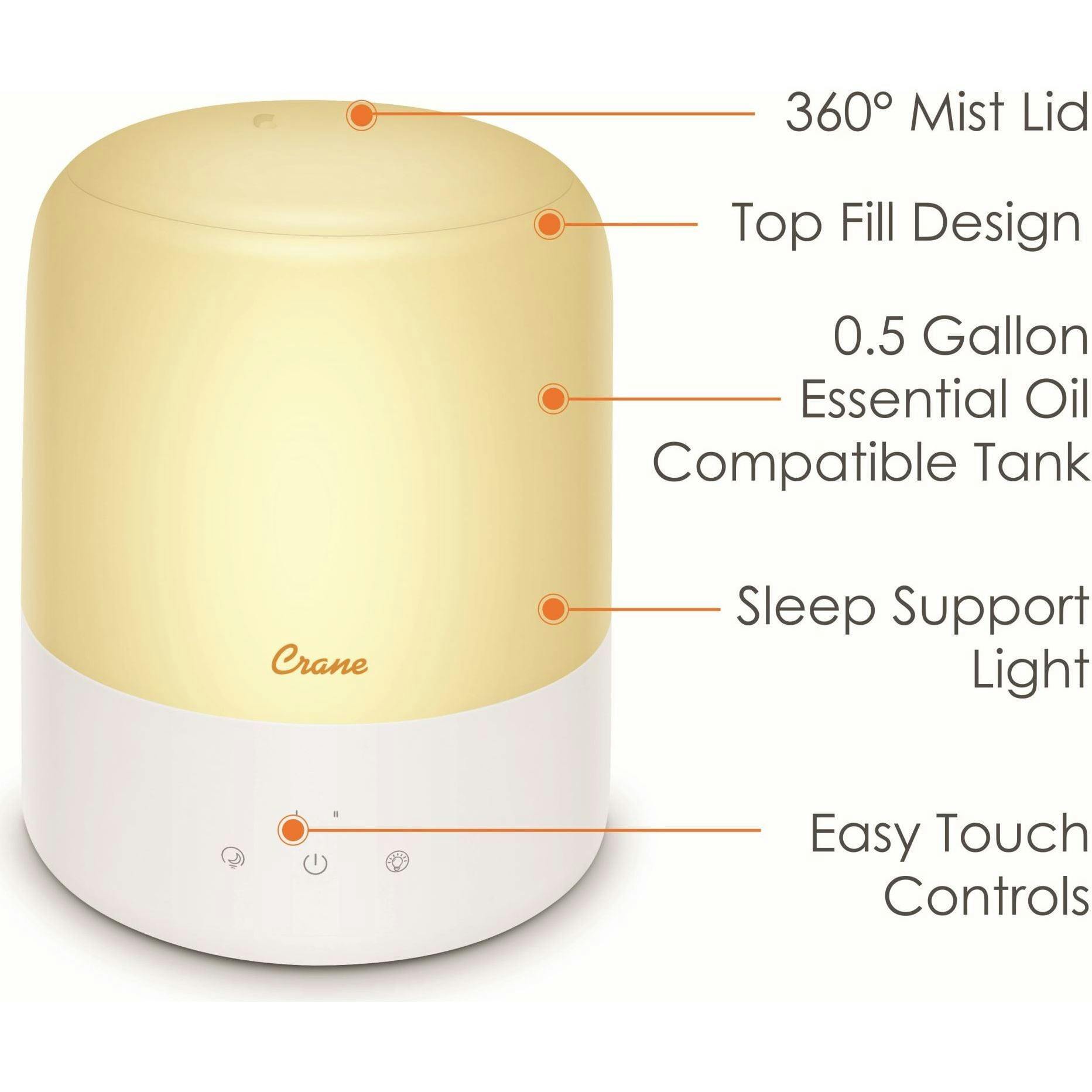 3-in-1 Compact Humidifier - 0.5 Gallon with Sleep Support Light & Aroma Diffuser