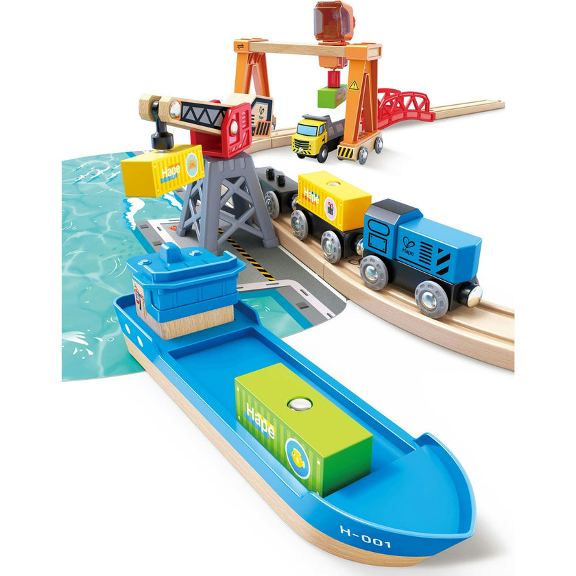 Hape: Lift & Load Harbor Set - 25 pc Land & Water Wooden Train Toy Playset