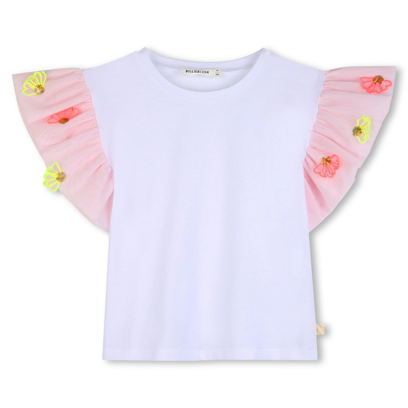 White T‑Shirt with Pink Ruffled Floral Sleeves