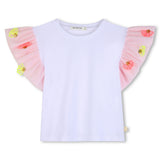 White T‑Shirt with Pink Ruffled Floral Sleeves