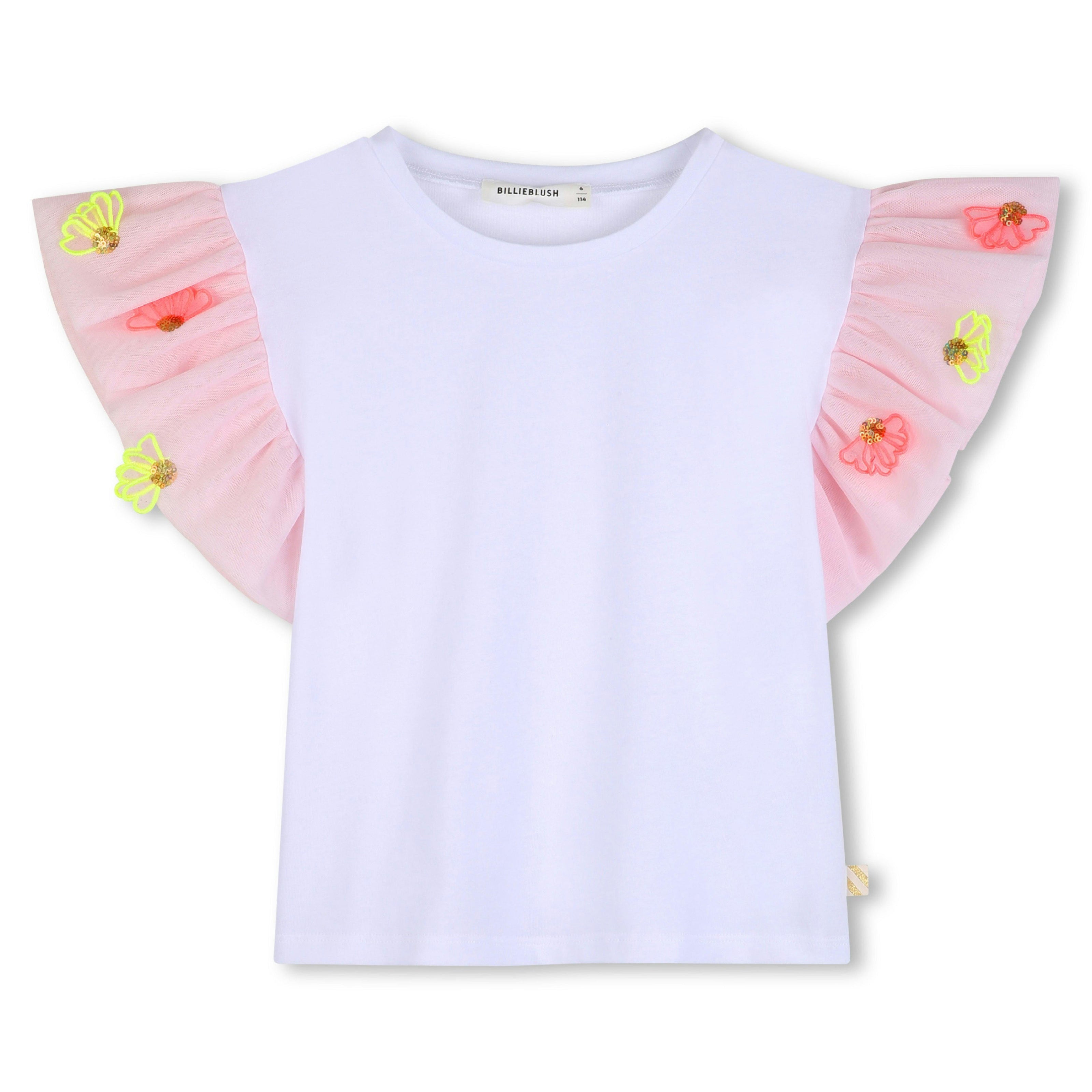 White T‑Shirt with Pink Ruffled Floral Sleeves