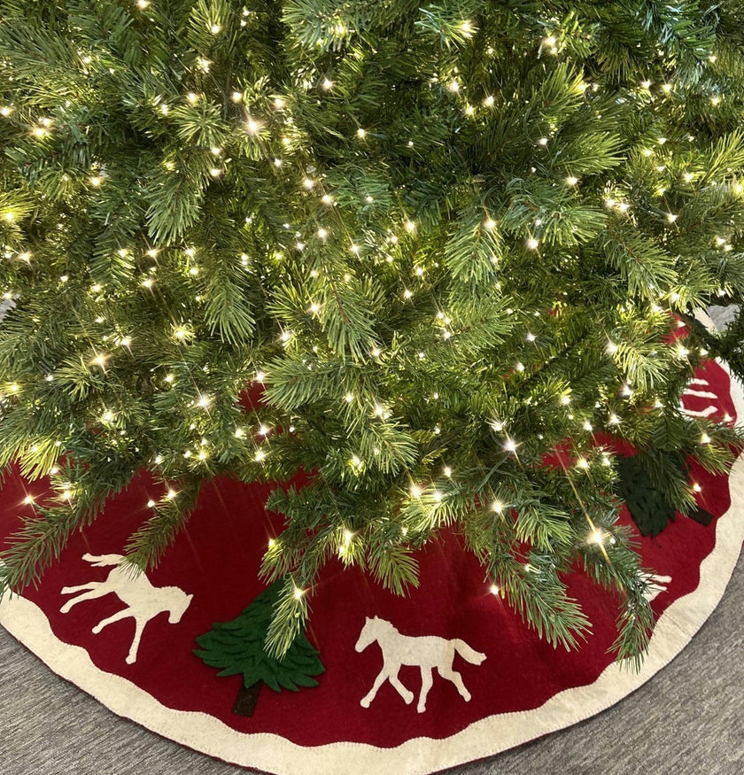 Handmade Dogs and Horses Red Christmas Tree Skirt Hand Felted Wool 60"