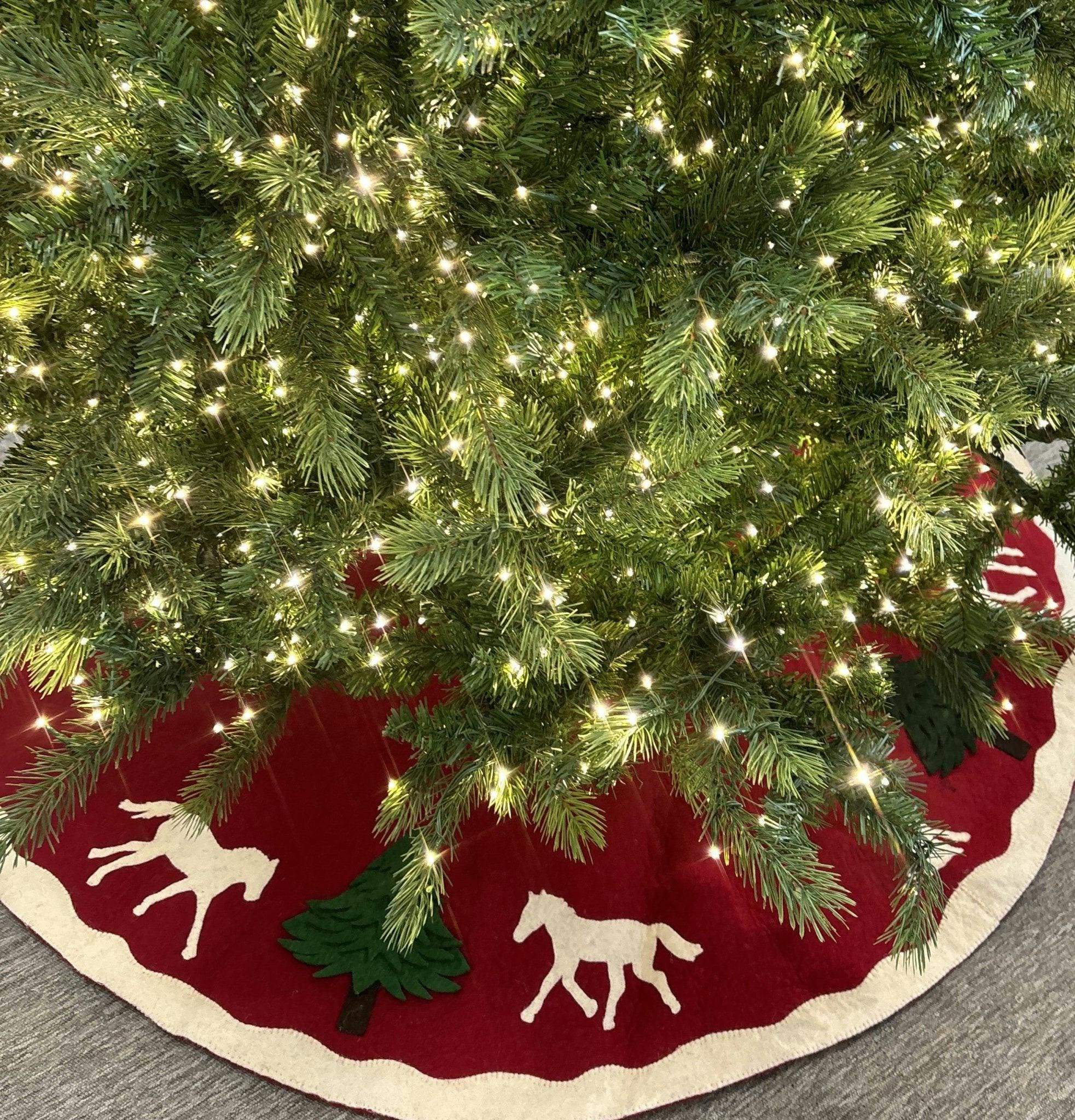 Handmade Dogs and Horses Red Christmas Tree Skirt Hand Felted Wool 60