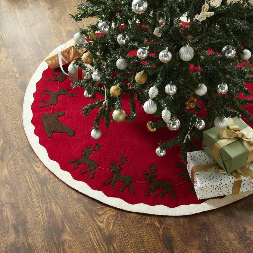 Handmade Felt Sleigh and Reindeer Red Christmas Tree Skirt 60"