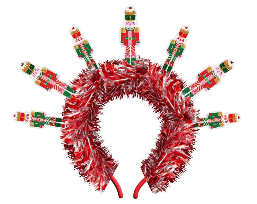 Packed Party Nutcracker Novelty Holiday Headband - Red Tinsel Headband with Mini Nutcrackers for Christmas Parties and Holiday Celebrations, One Size Fits All