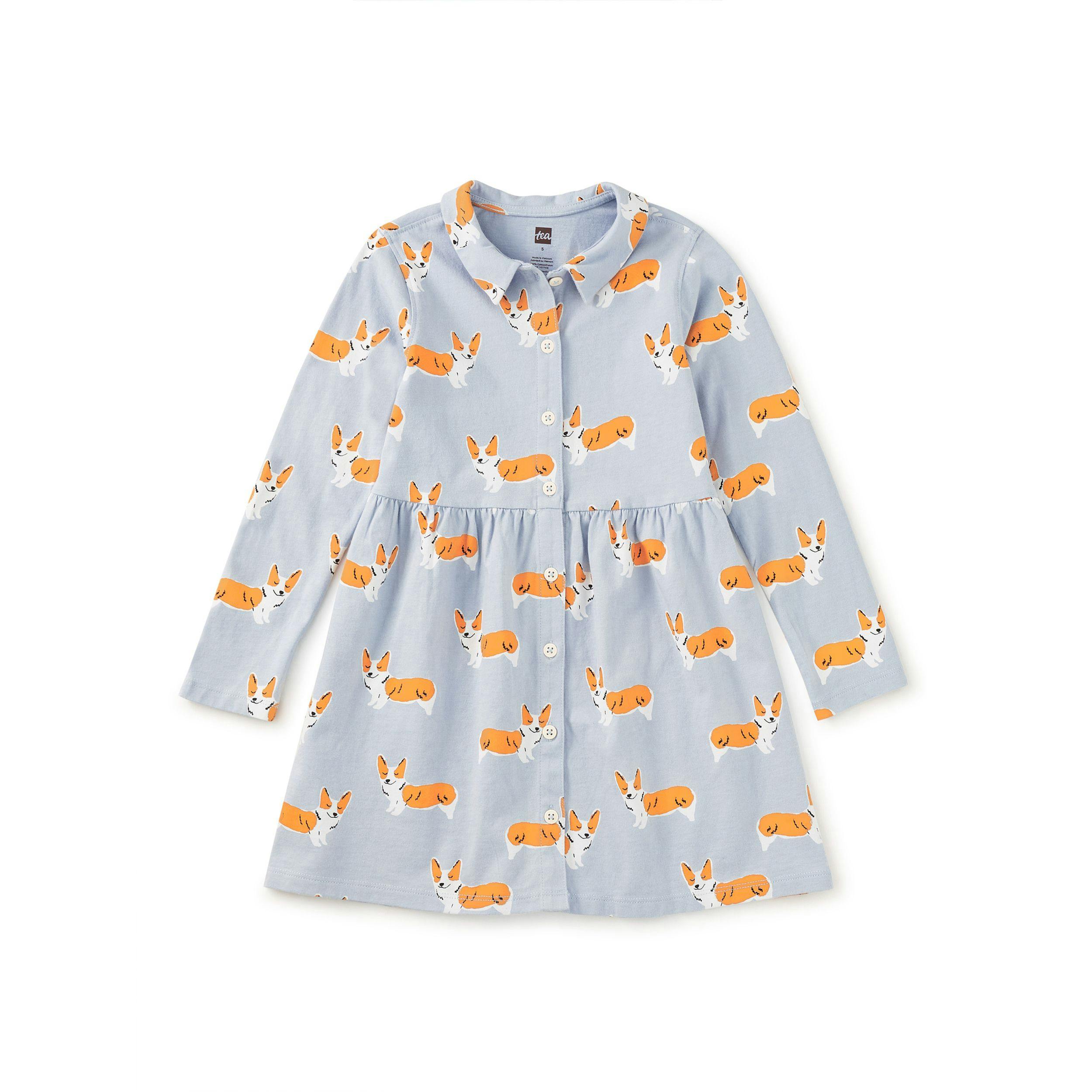 Collared Long Sleeve Shirtdres, Cutie Corgis