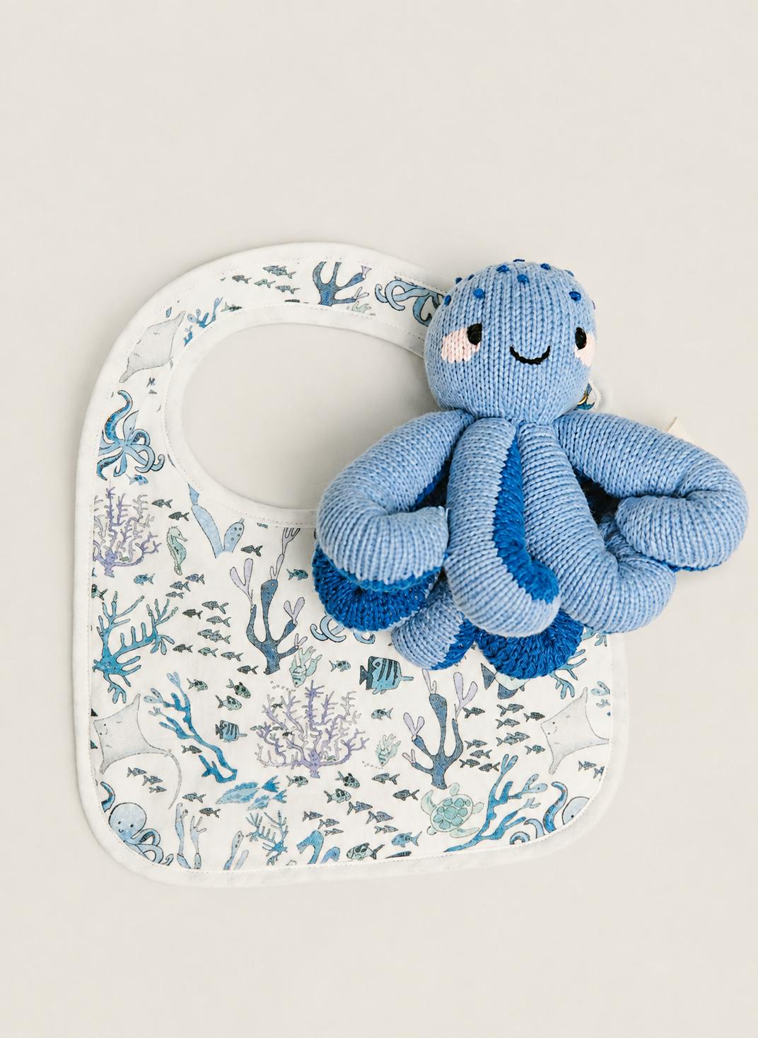 Baby Classic Bib - Coral Reef and Indigo the Octopus - Knit Doll