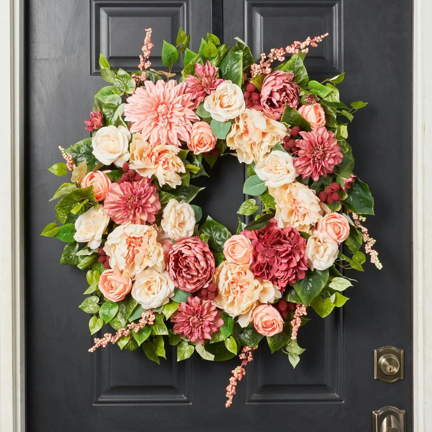 Blush & Bashful - Mixed Dahlia, Peony & Rose Spring Summer Front Door Wreath