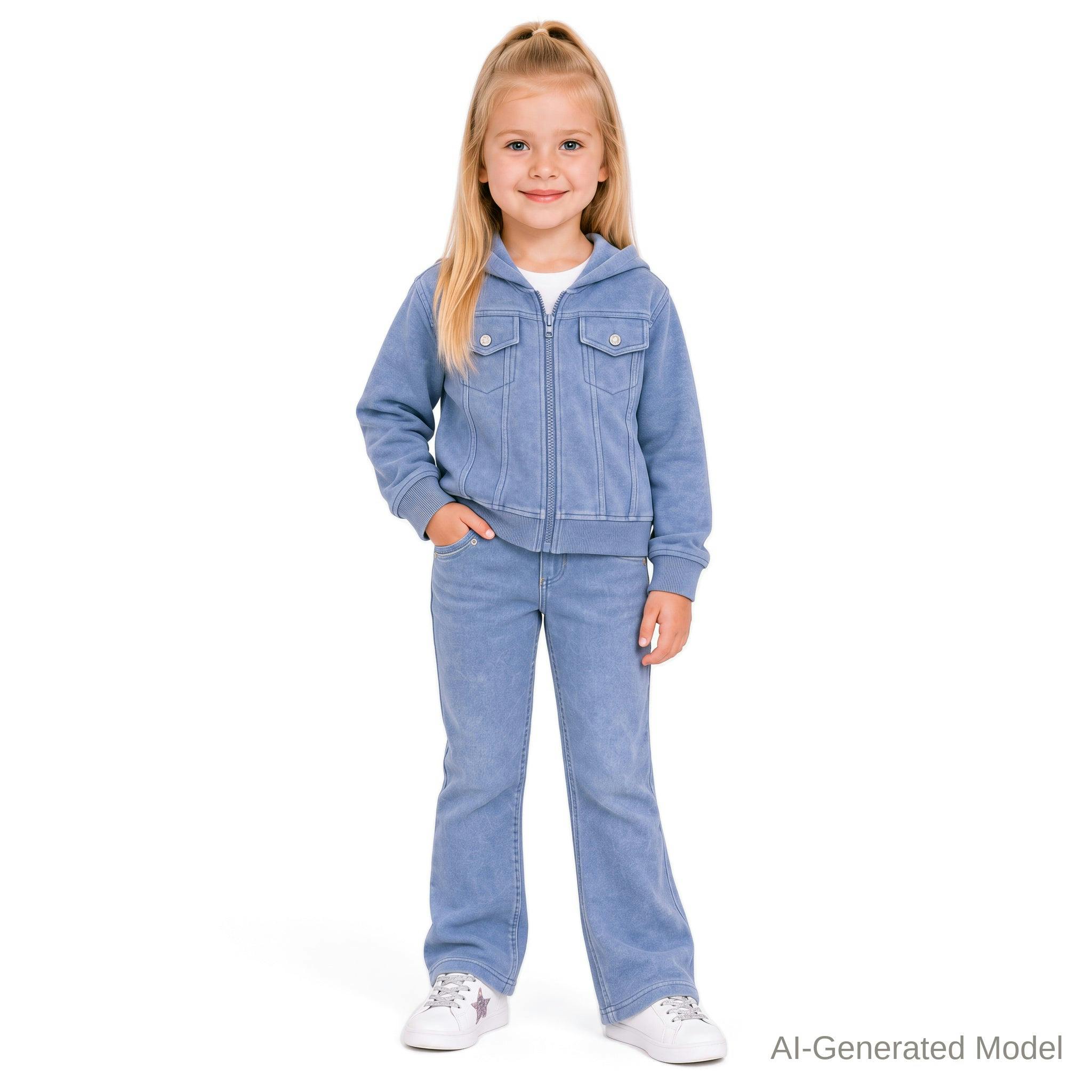 Girls (4-6X) Knit Denim Hoodie Set | Light Wash Blue