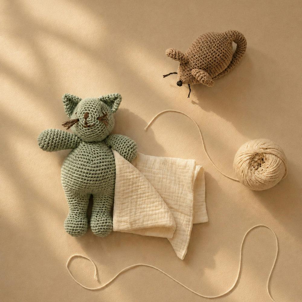 Cat and Mouse Gift Box 🐭 100% organic cotton crochet rattle and plush lovey