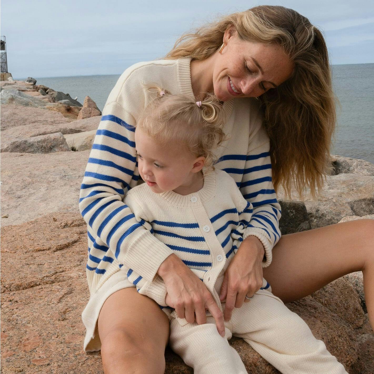 Unisex Cream And Blue Stripe Knit Cardigan