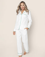 Women's Twill Pajama Set in White with Green Piping