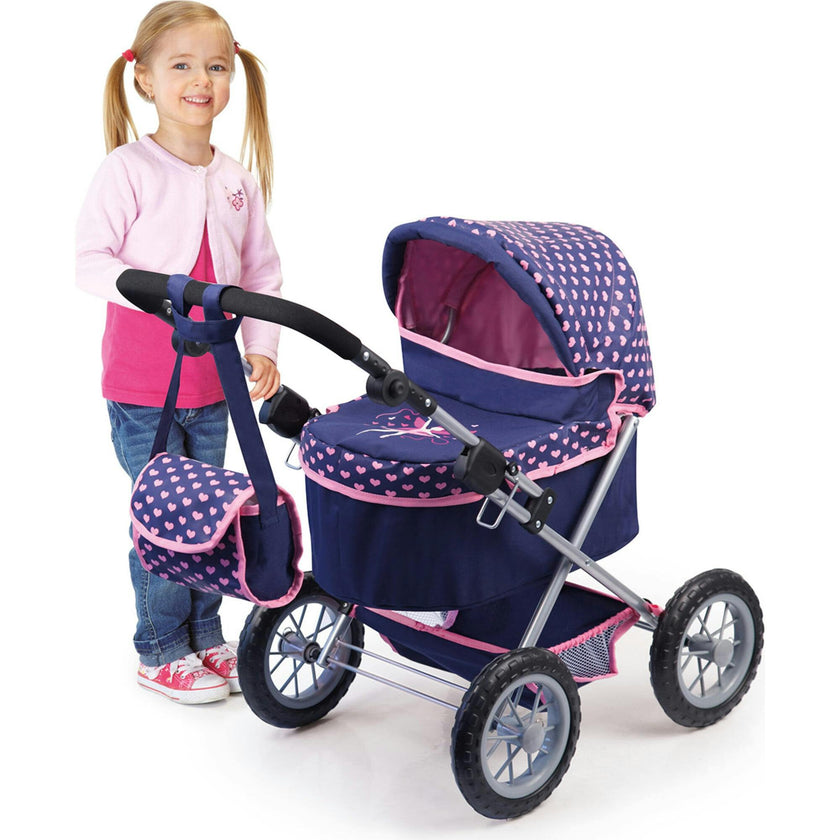 Trendy Pram Stroller for Toy Baby Dolls in Navy/Pink