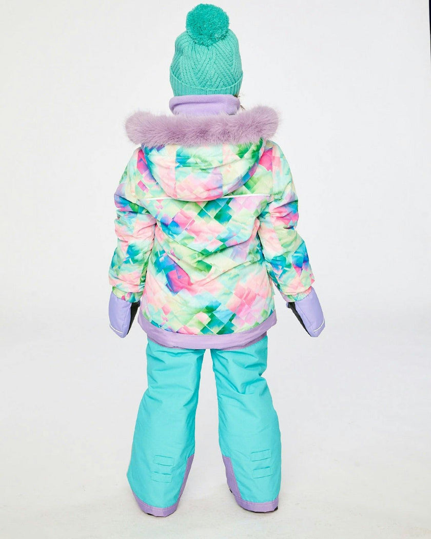 Two Piece Play Snowsuit Multicolored With A Diamond Pattern With Turquoise And Purple Pants