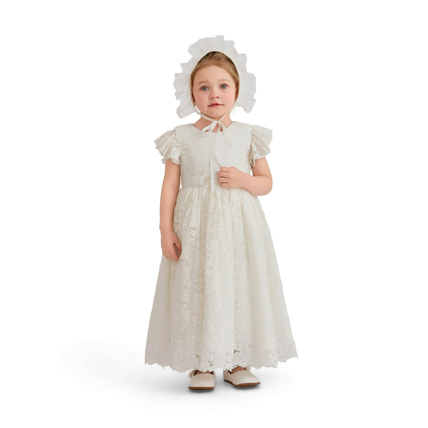 White Velloria Lace Christening Dress with Bonnet
