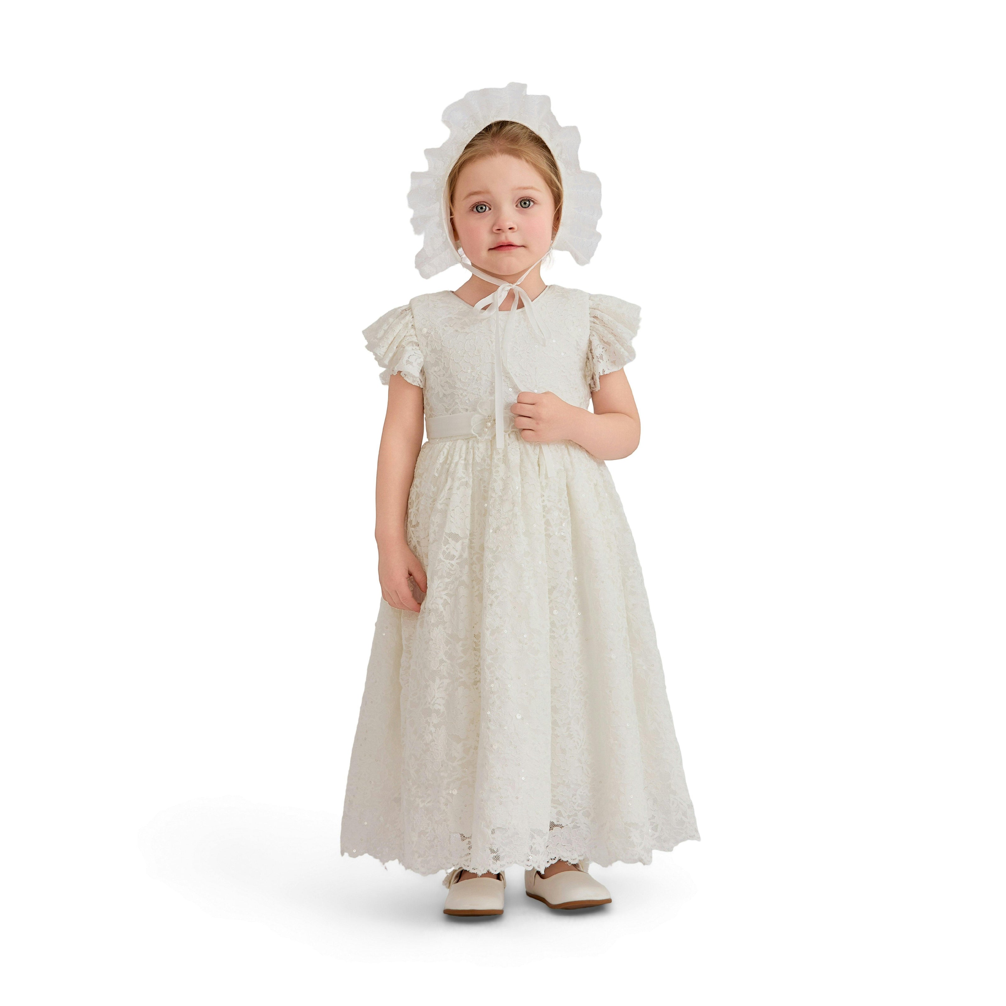 White Velloria Lace Christening Dress with Bonnet