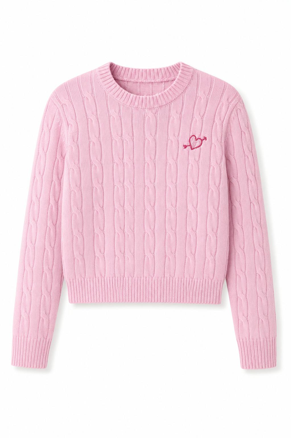 Leighton Light Pink Cable Knit Sweater Cable Knit Pullover With Heart Arrow Embroidery