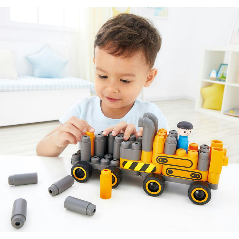 Hape: PolyM: Construction Site&nbsp;- Yellow-Grey - 43pc Building Blocks Toy Set