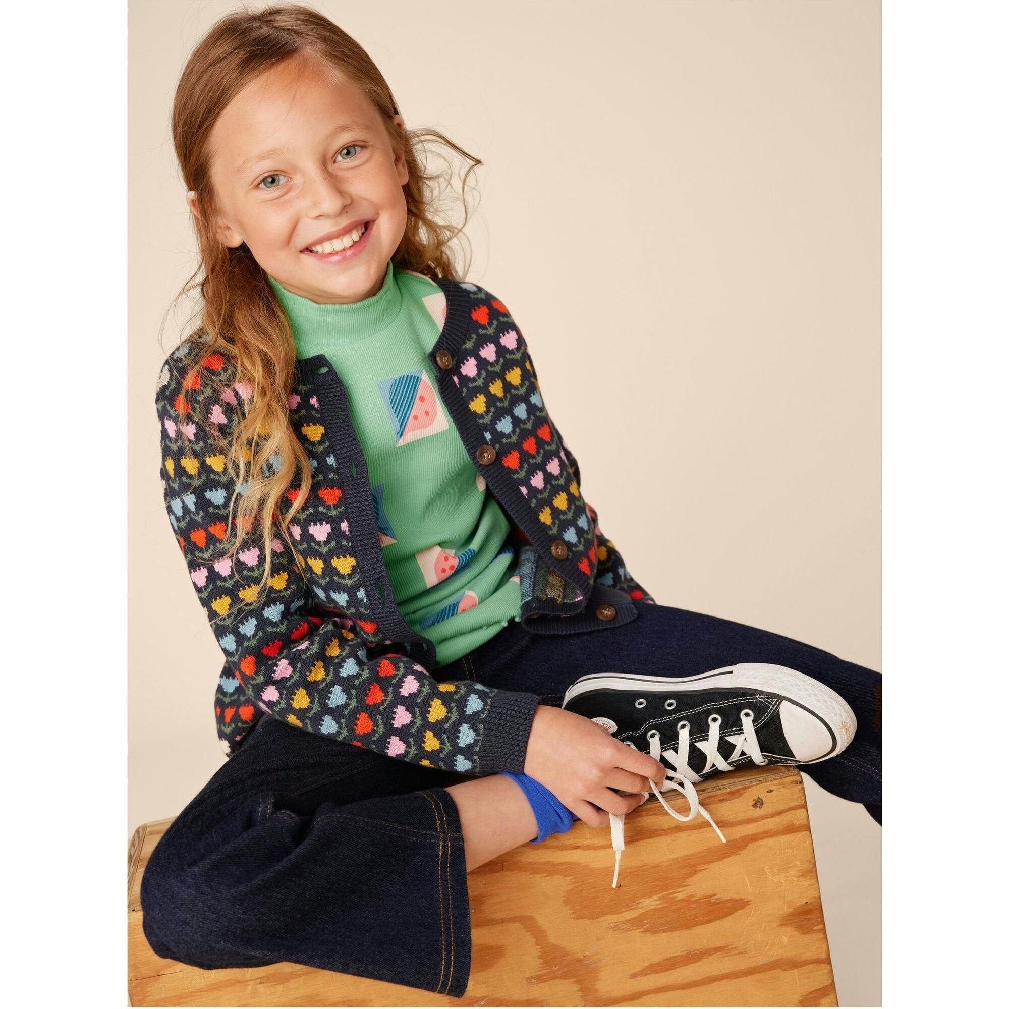 Modern Print Ribbed Long Sleeve Mock Neck Top, Multi