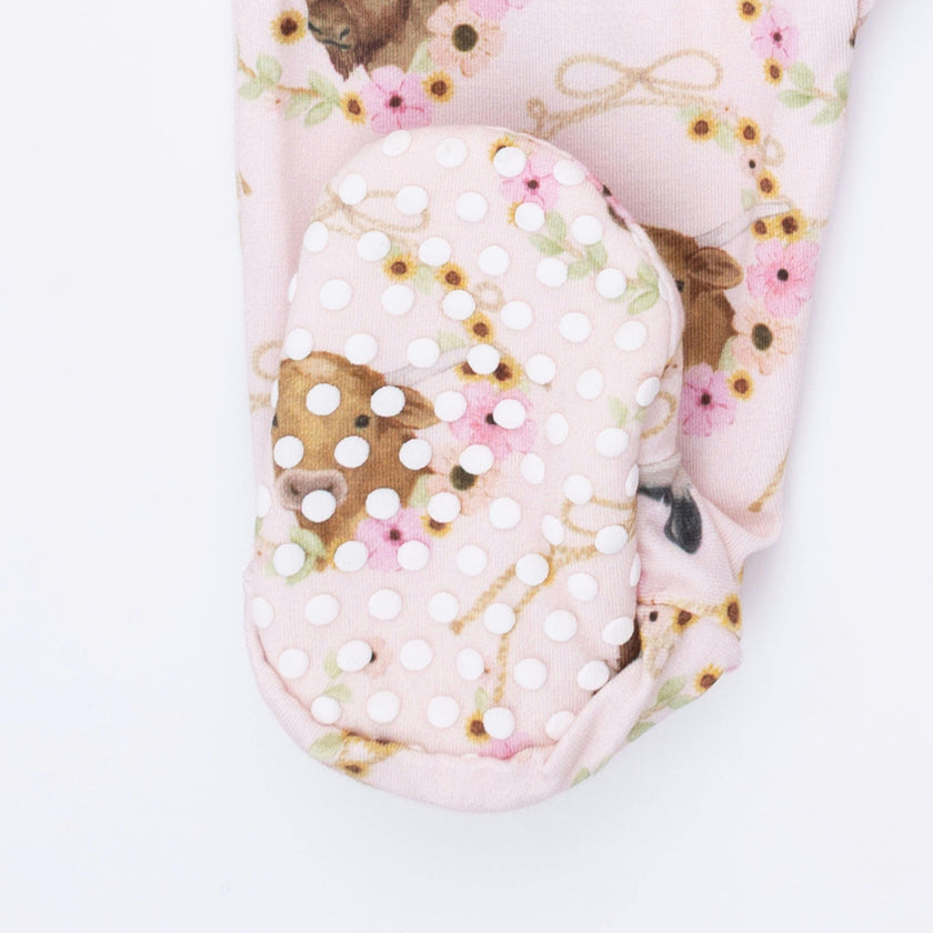 Farm Animals Floral Cameos Pink - 2 Way Ruffle Back Zipper Footie