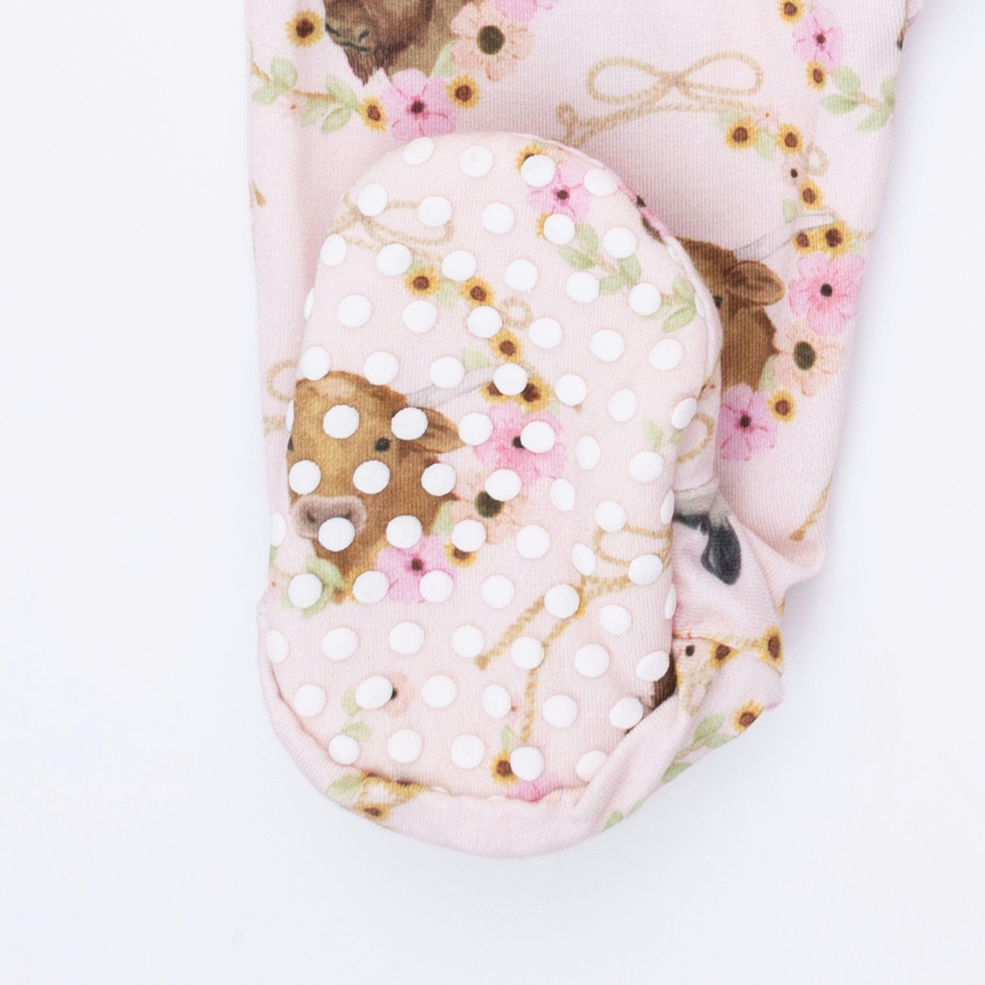 Farm Animals Floral Cameos Pink - 2 Way Ruffle Back Zipper Footie