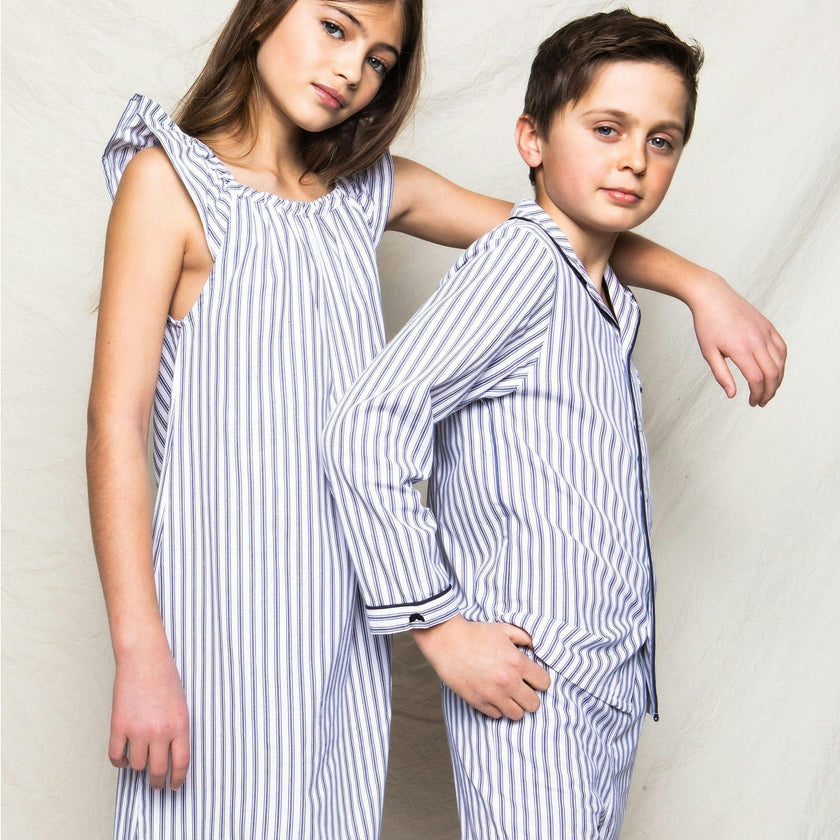 Kid's Twill Pajama Set in Navy French Ticking
