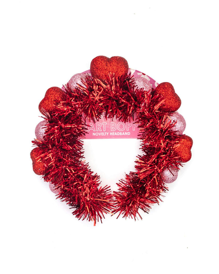Packed Party Party Heart-y Valentine Novelty Headband - Red Glitter Hearts and Pink Glitter Balls Tinsel Headband for Valentine's Day and Galentine's, One Size